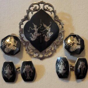 Jewelry Lot Vintage Siam Sterling Niello Enamel Cufflink Earring Brooch